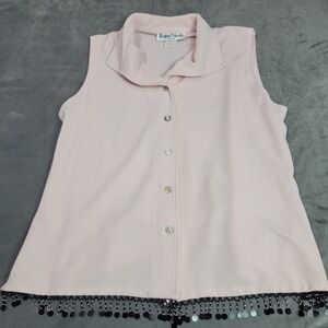 Ronni Nicole Pink Ribbed Sleeveless Button Up Top Beaded Fringe Hem‎ L 57481X